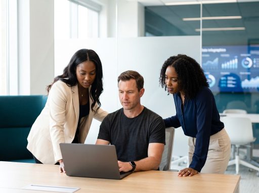 Twee zakelijke professionals bekijken SEO-data op een laptop tijdens een vergadering