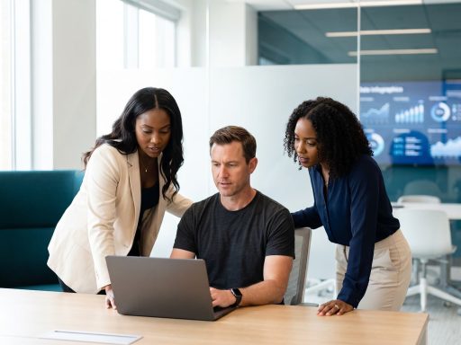 Twee zakelijke professionals bekijken SEO-data op een laptop tijdens een vergadering