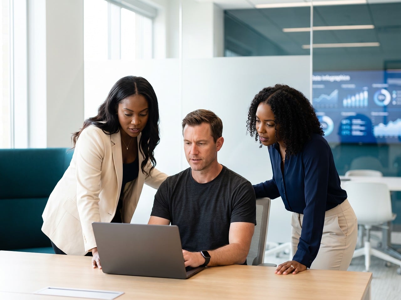 Twee zakelijke professionals bekijken SEO-data op een laptop tijdens een vergadering